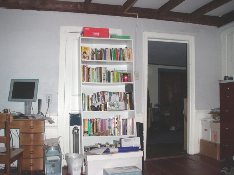 The door behind the bookshelf leads to the bathroom.